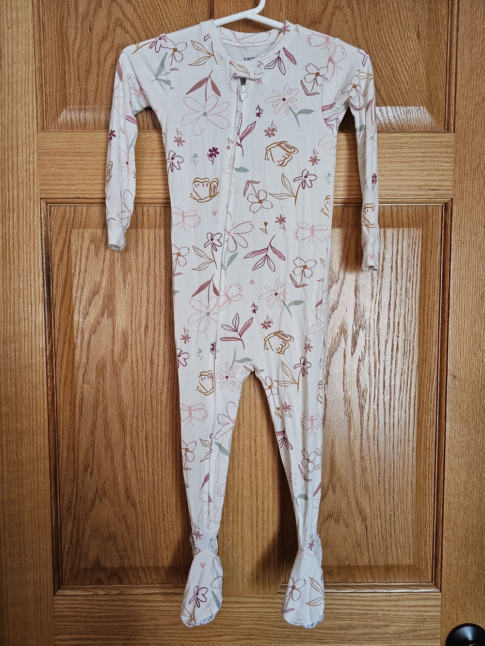 Carter's Cream Floral Zip Footed One-Piece with Pink & Green Accents 2T